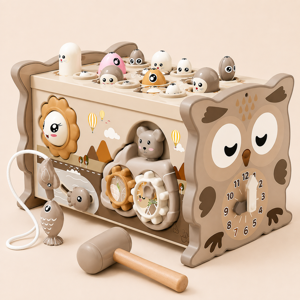 A wooden children's toy box with an owl face on the front, decorated with cartoon animals, a clock face, and small interactive pieces. A wooden mallet lies in front on a plain beige background.