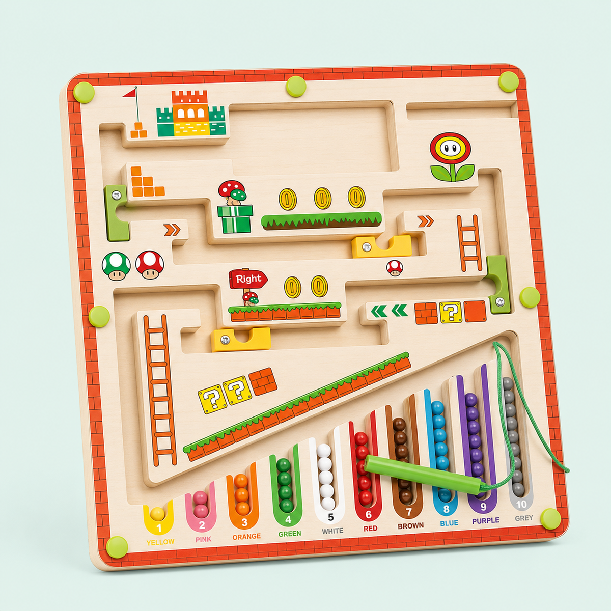 A wooden toy maze board game with colorful game-piece themed details and a matching bead bar at the bottom, photographed on a pale mint background.