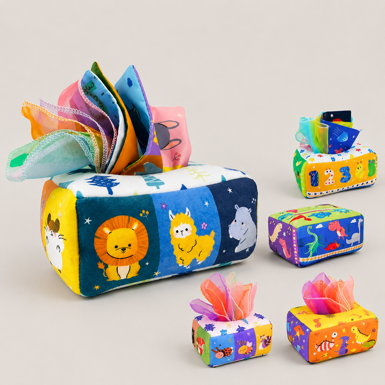 Montessori sensory tissue box with colourful scarves and crinkle cloths for baby sensory play