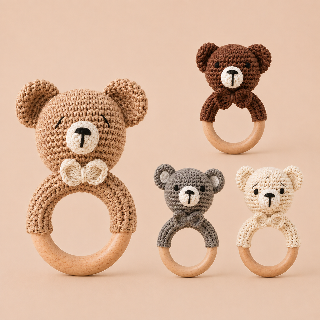 Crochet Bear Wooden Teething Rattle | Natural Baby Teether Toy