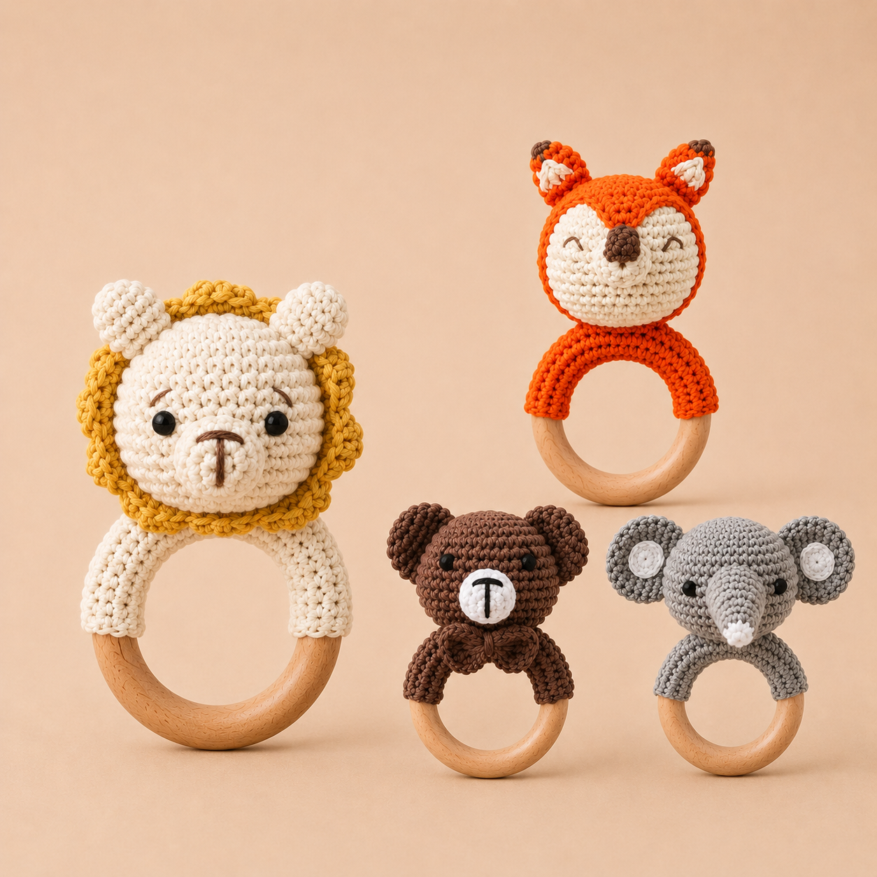 Crochet Bear Wooden Teething Rattle | Natural Baby Teether Toy