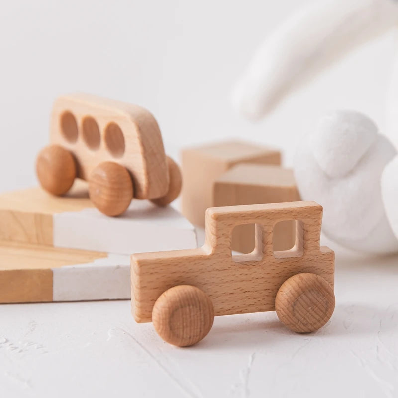 Montessori Wooden Push Toy | Natural Wooden Dinosaur & Vehicle Toy