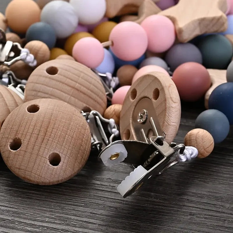 Wooden Teether Pacifier Clip | Natural Wood & Silicone Beads Baby Soother Chain
