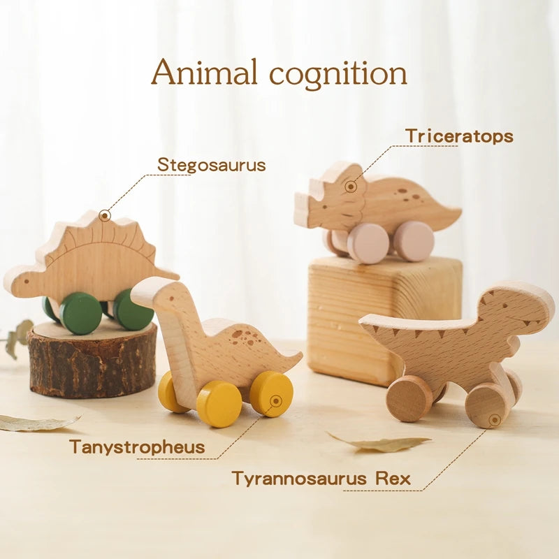 Montessori Wooden Push Toy | Natural Wooden Dinosaur & Vehicle Toy