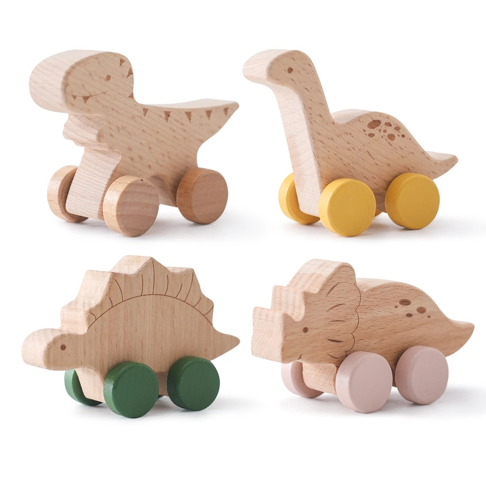 Montessori Wooden Push Toy | Natural Wooden Dinosaur & Vehicle Toy