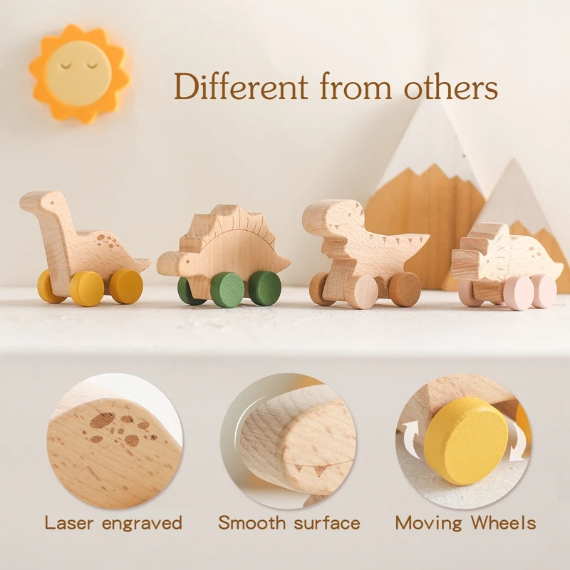 Montessori Wooden Push Toy | Natural Wooden Dinosaur & Vehicle Toy