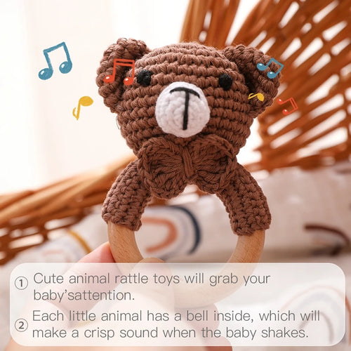 Crochet Bear Wooden Teething Rattle | Natural Baby Teether Toy