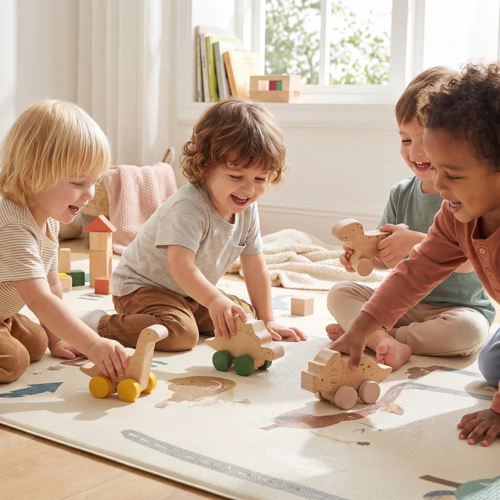 Montessori Wooden Push Toy | Natural Wooden Dinosaur & Vehicle Toy