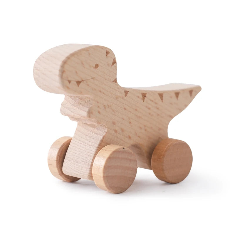 Montessori Wooden Push Toy | Natural Wooden Dinosaur & Vehicle Toy