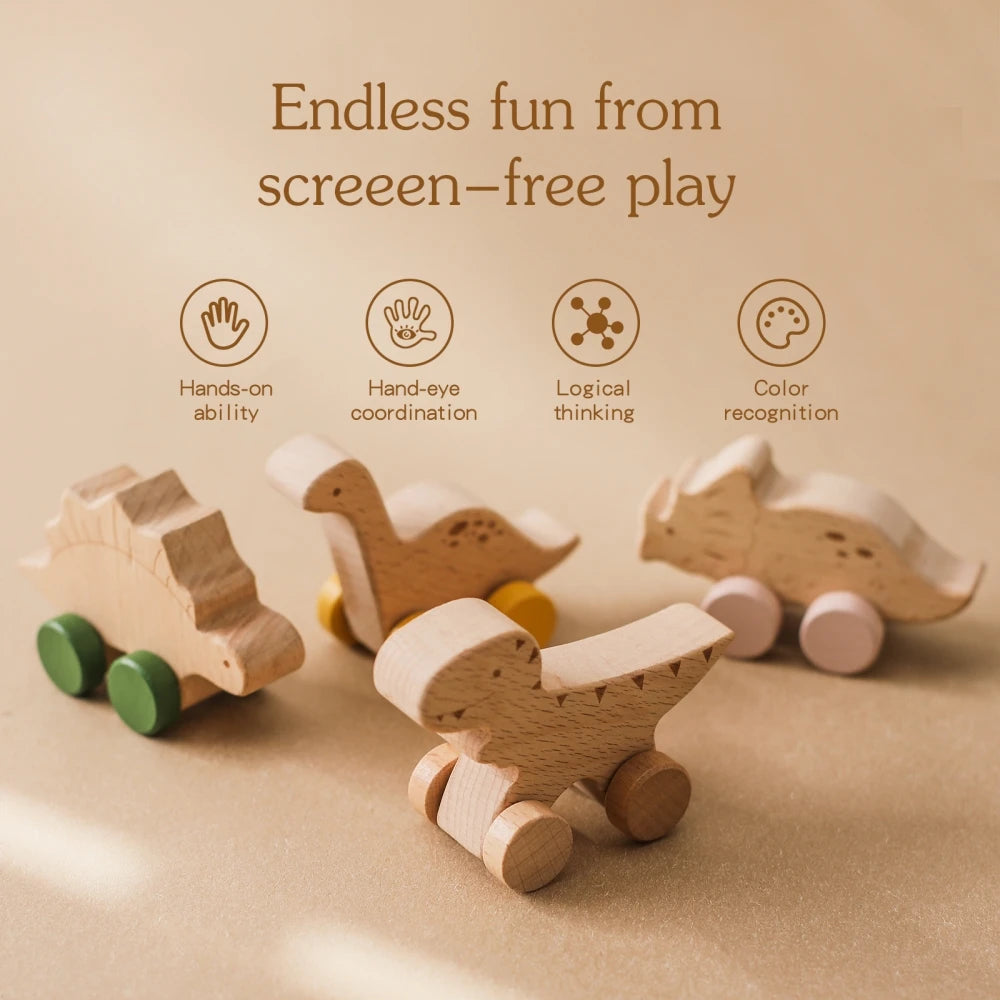 Montessori Wooden Push Toy | Natural Wooden Dinosaur & Vehicle Toy