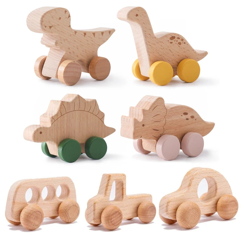 Montessori Wooden Push Toy | Natural Wooden Dinosaur & Vehicle Toy