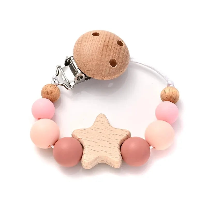 Wooden Teether Pacifier Clip | Natural Wood & Silicone Beads Baby Soother Chain