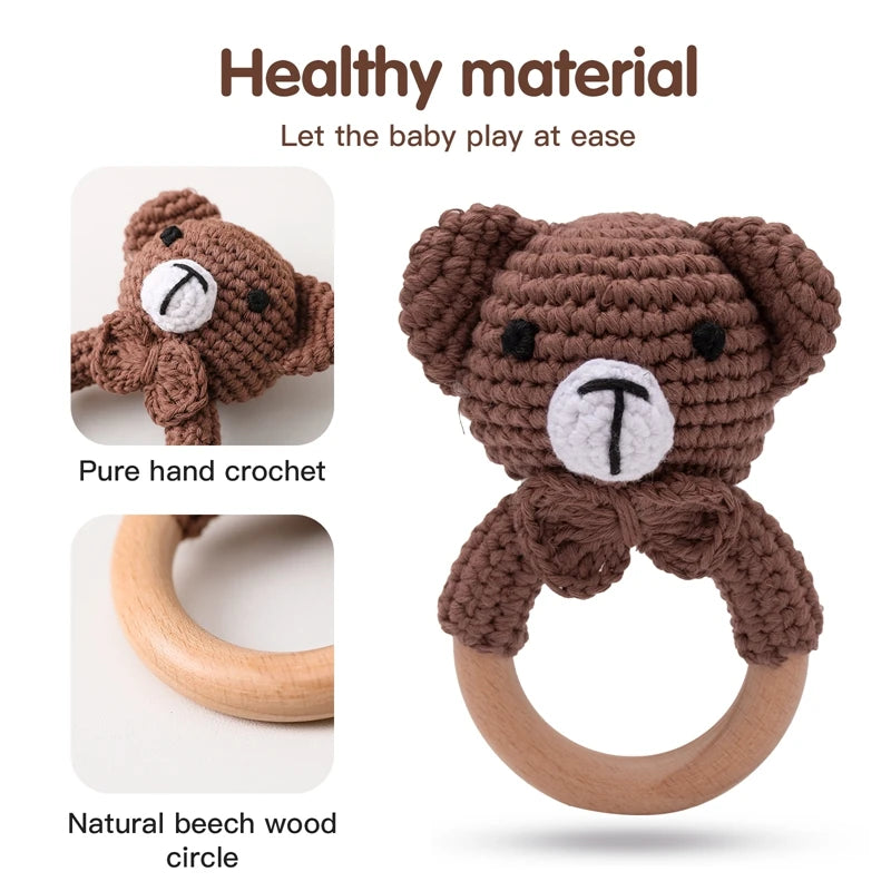 Crochet Bear Wooden Teething Rattle | Natural Baby Teether Toy