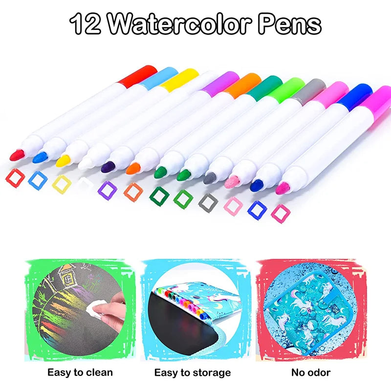 Erasable Doodle Book for Kids | Reusable Drawing Pad with Watercolour Pens
