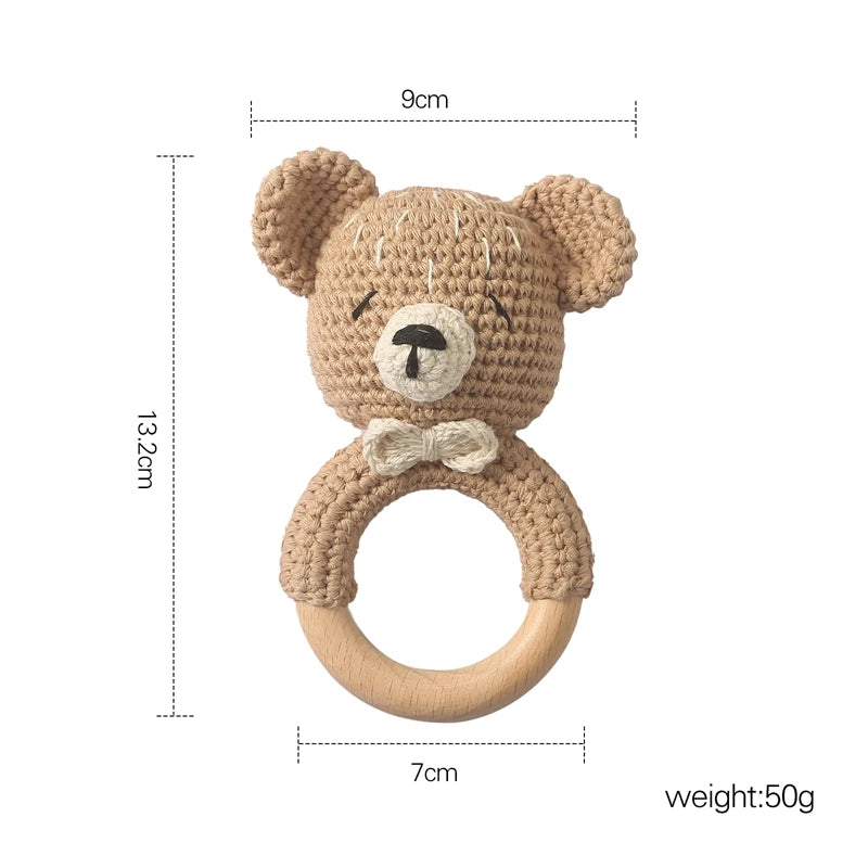 Crochet Bear Wooden Teething Rattle | Natural Baby Teether Toy