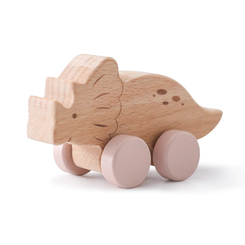 Montessori Wooden Push Toy | Natural Wooden Dinosaur & Vehicle Toy
