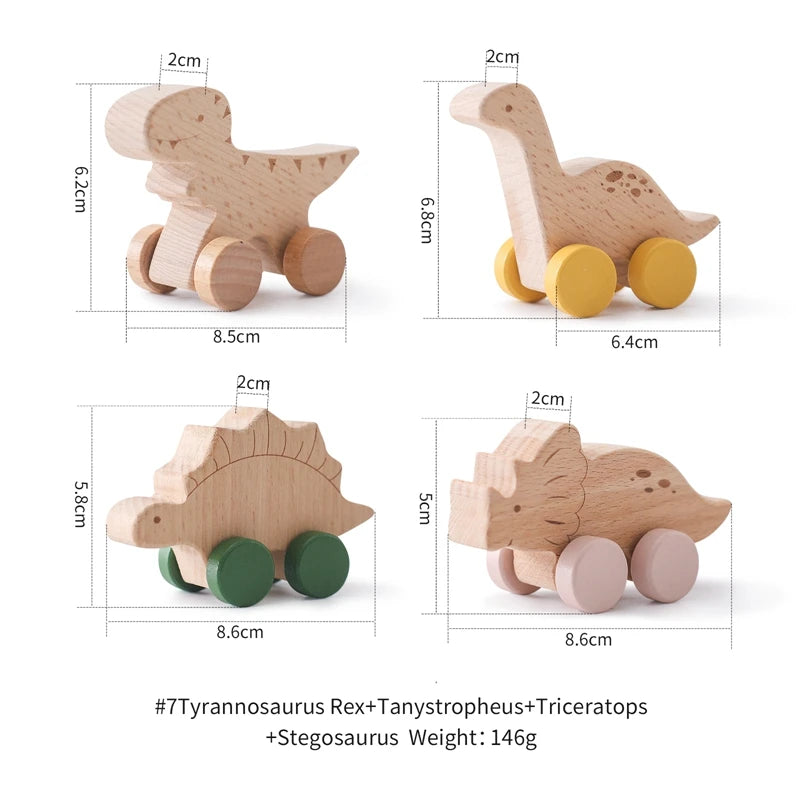 Montessori Wooden Push Toy | Natural Wooden Dinosaur & Vehicle Toy