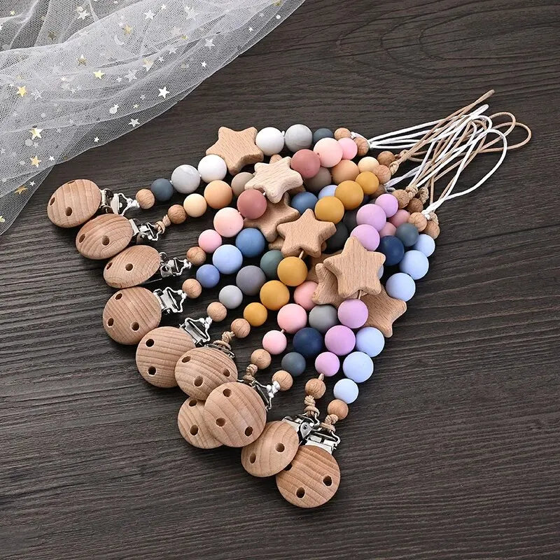 Wooden Teether Pacifier Clip | Natural Wood & Silicone Beads Baby Soother Chain