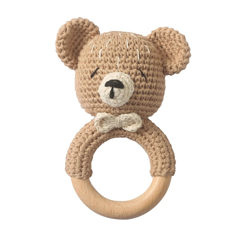Crochet Bear Wooden Teething Rattle | Natural Baby Teether Toy