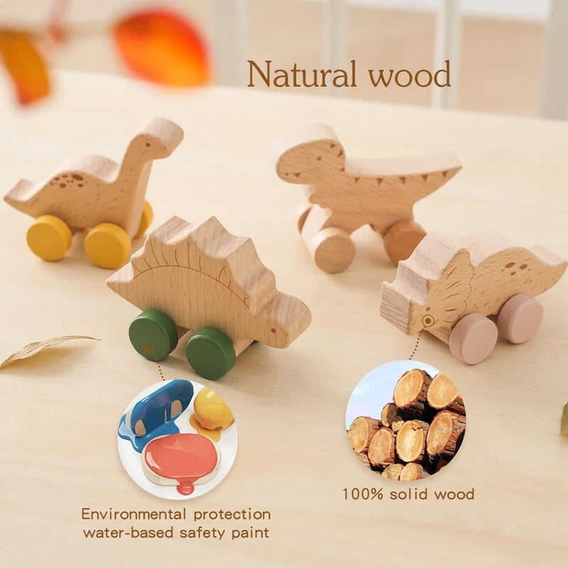 Montessori Wooden Push Toy | Natural Wooden Dinosaur & Vehicle Toy
