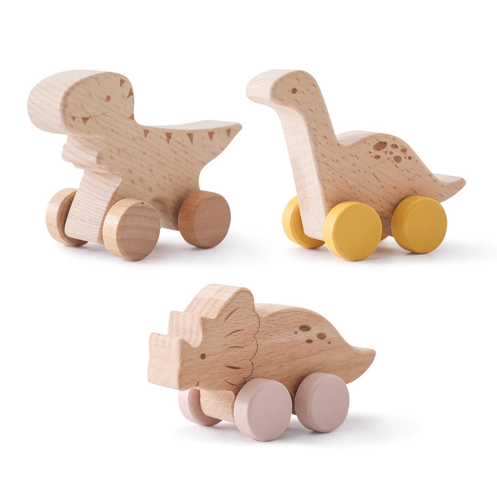 Montessori Wooden Push Toy | Natural Wooden Dinosaur & Vehicle Toy