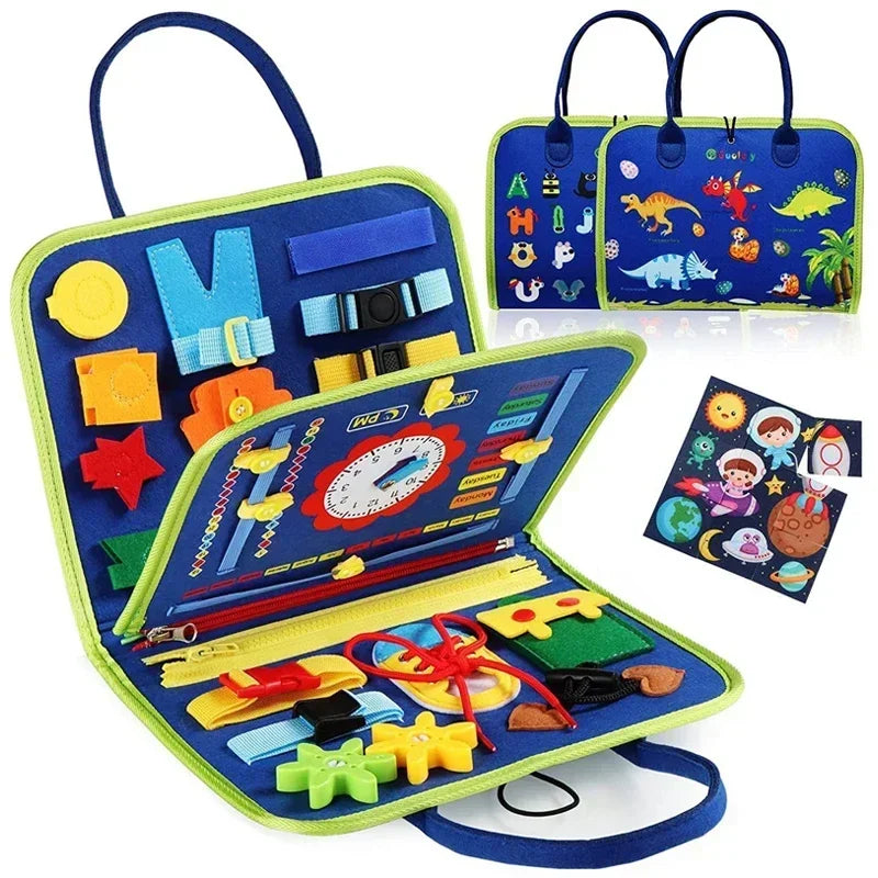 Montessori Busy Book with alphabet, buckles, zips, clock and educational activities for toddlers