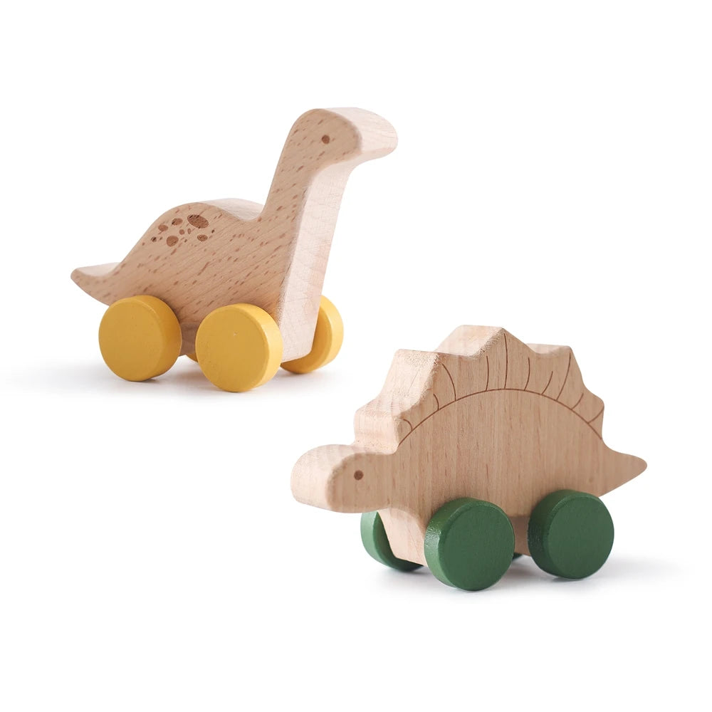 Montessori Wooden Push Toy | Natural Wooden Dinosaur & Vehicle Toy