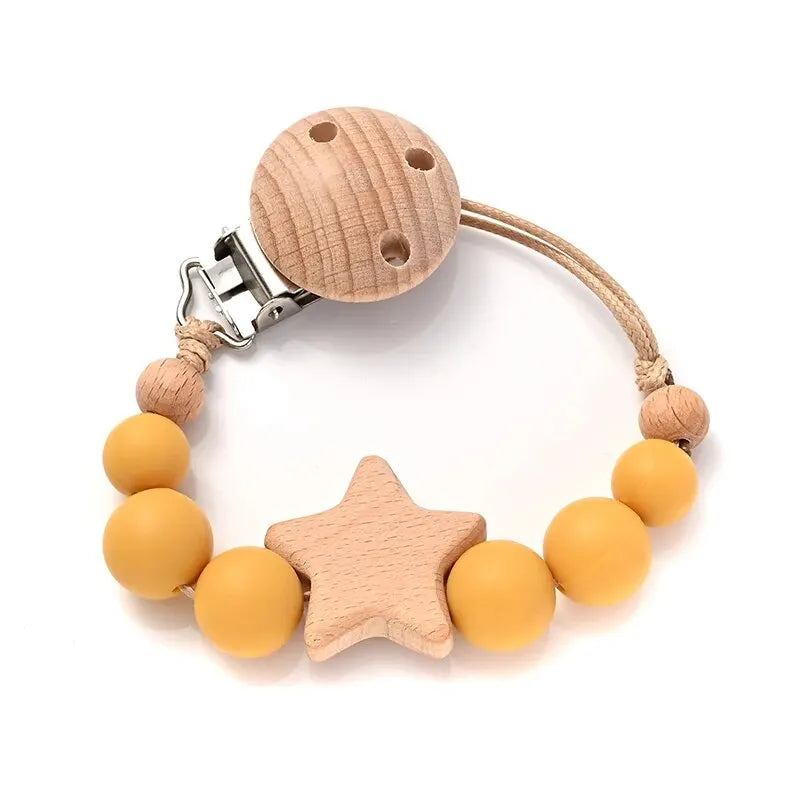 Wooden Teether Pacifier Clip | Natural Wood & Silicone Beads Baby Soother Chain