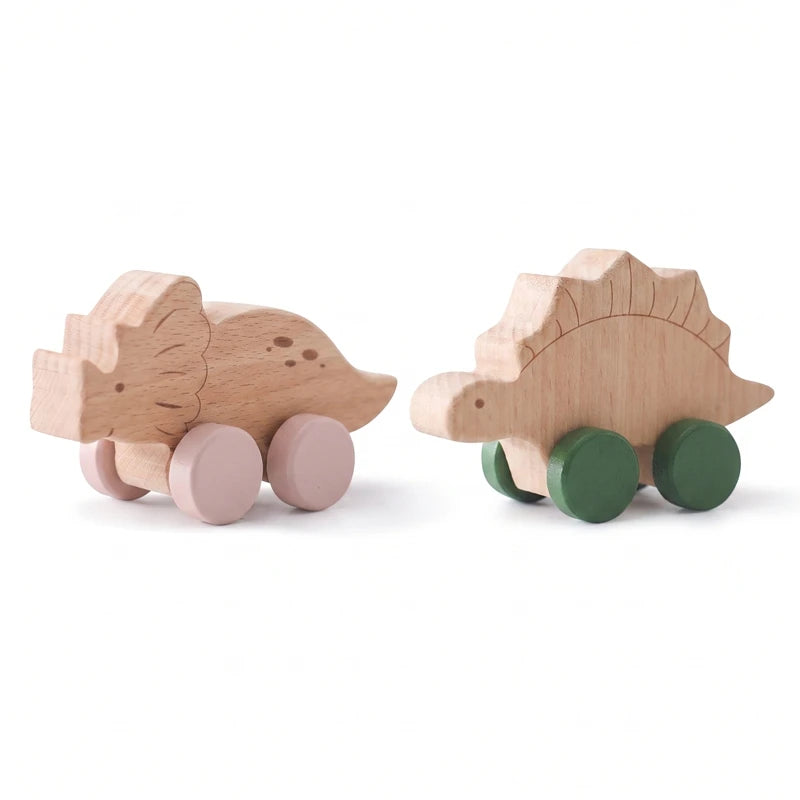 Montessori Wooden Push Toy | Natural Wooden Dinosaur & Vehicle Toy