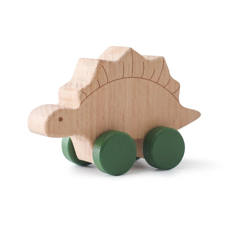 Montessori Wooden Push Toy | Natural Wooden Dinosaur & Vehicle Toy
