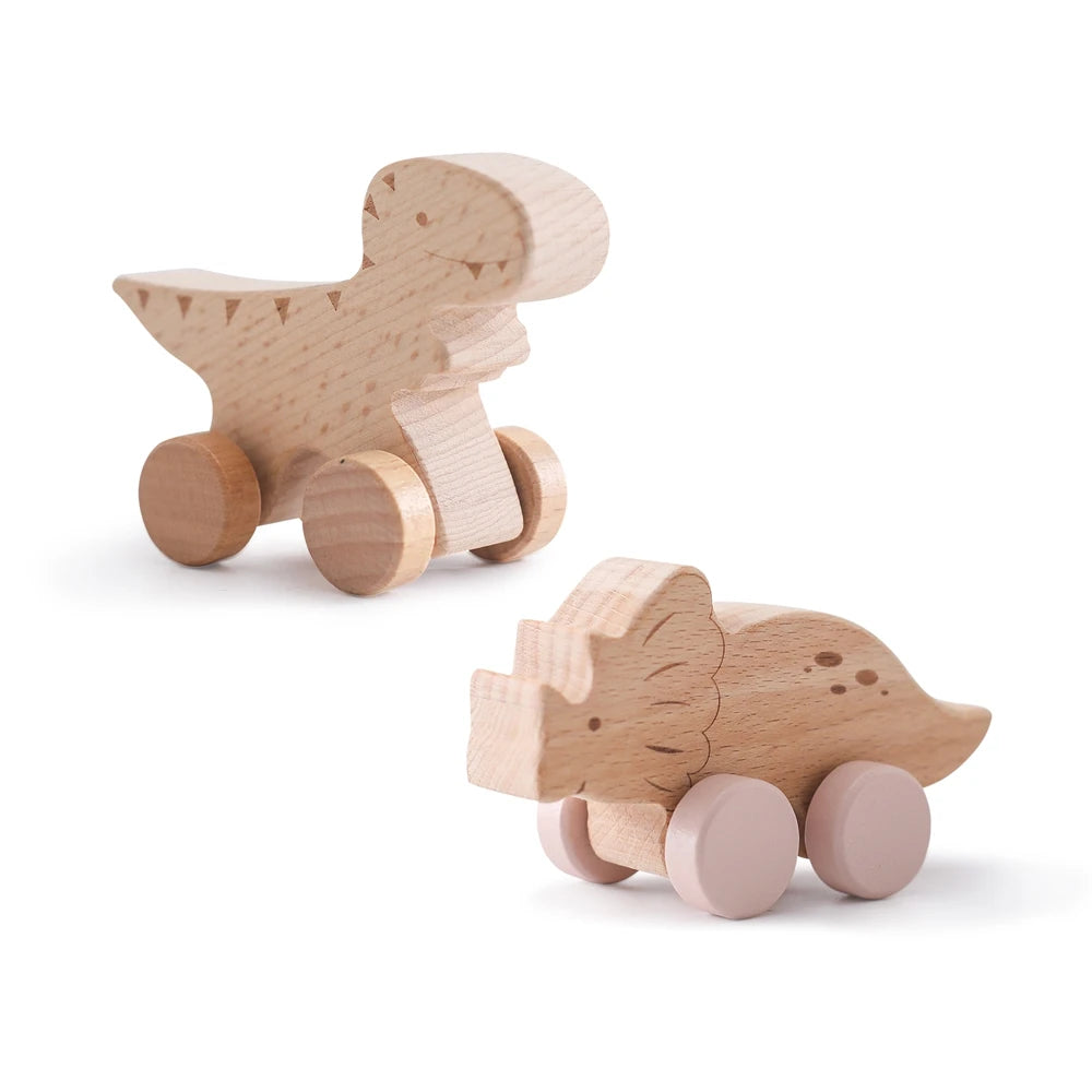 Montessori Wooden Push Toy | Natural Wooden Dinosaur & Vehicle Toy