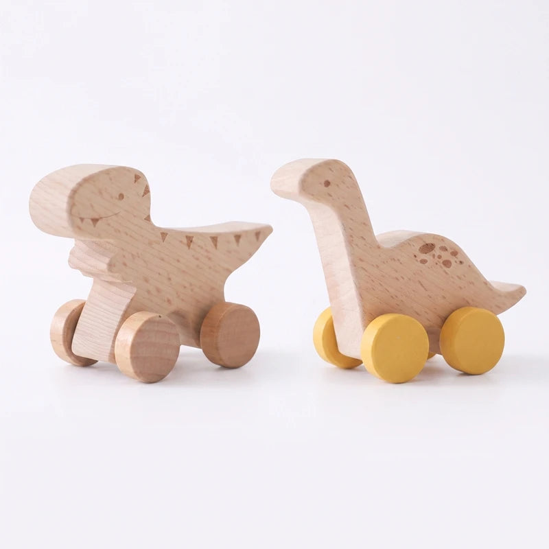 Montessori Wooden Push Toy | Natural Wooden Dinosaur & Vehicle Toy