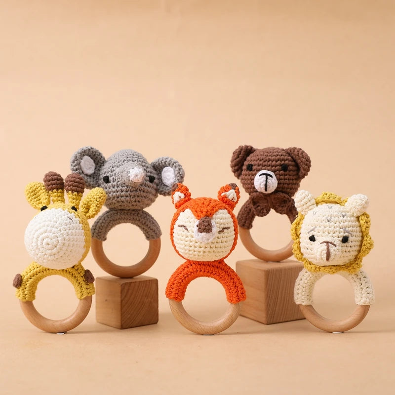 Crochet Bear Wooden Teething Rattle | Natural Baby Teether Toy