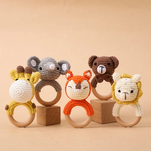 Crochet Bear Wooden Teething Rattle | Natural Baby Teether Toy